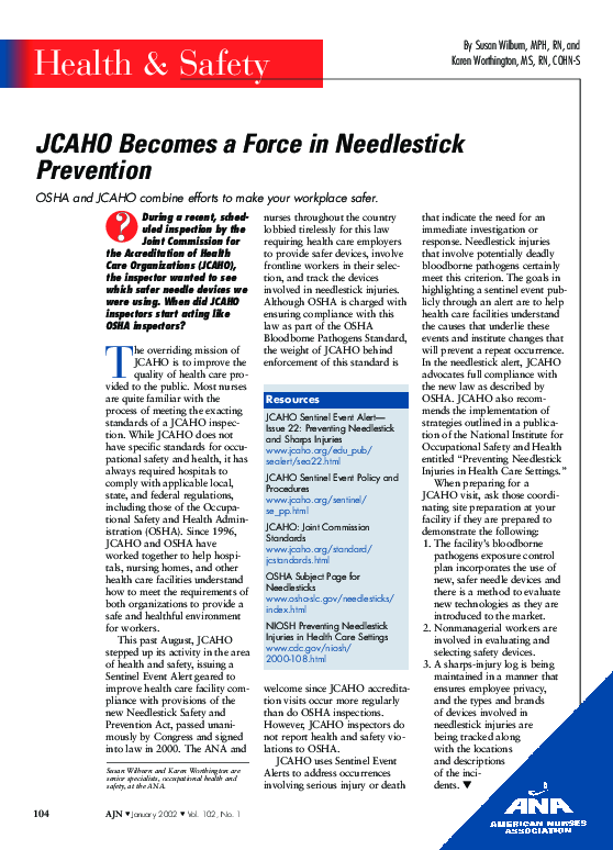(PDF) JCAHO Becomes a Force in Needlestick Prevention