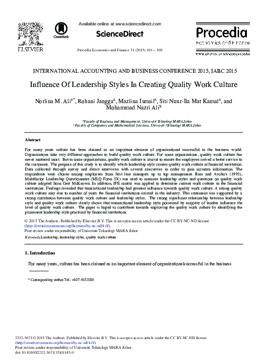 (PDF) Influence of Leadership Styles in Creating Quality Work Culture