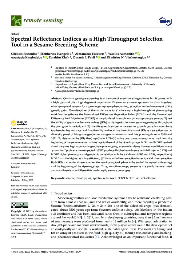 (PDF) Spectral Reflectance Indices as a High Throughput Selection Tool ...