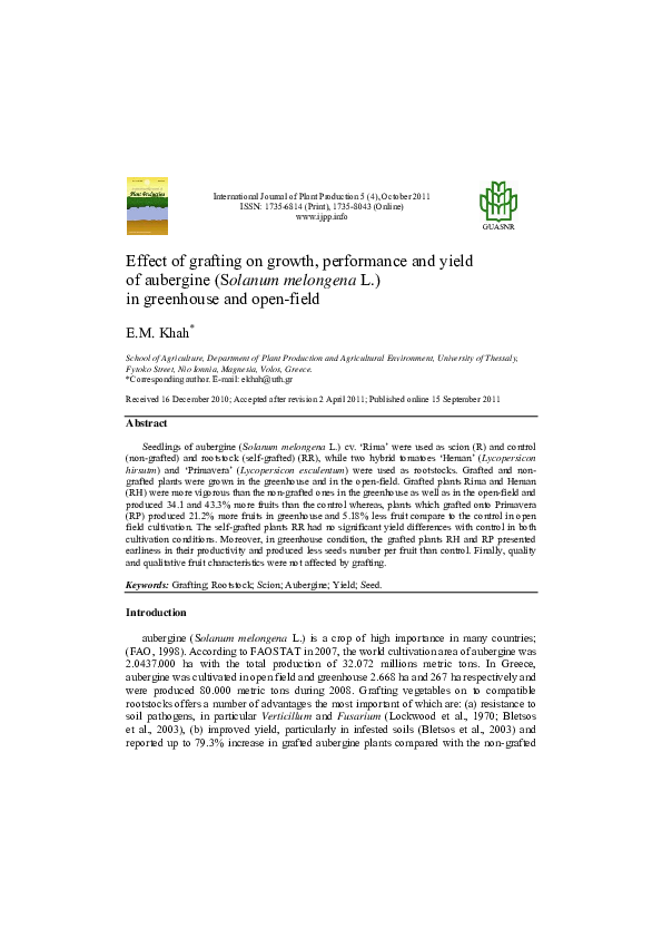 (PDF) Effect of grafting on growth, performance and yield of aubergine ...