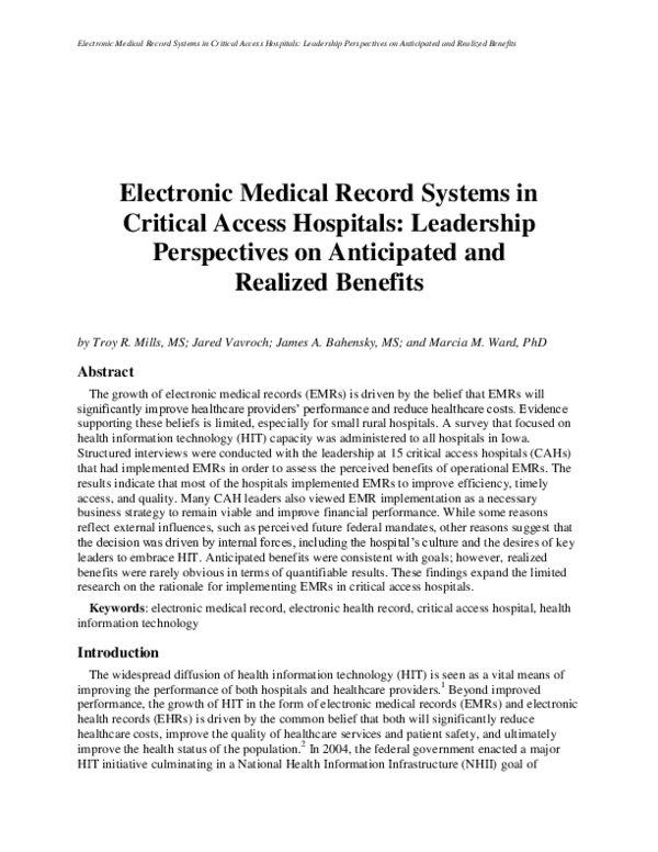 (PDF) Electronic medical record systems in critical access hospitals ...