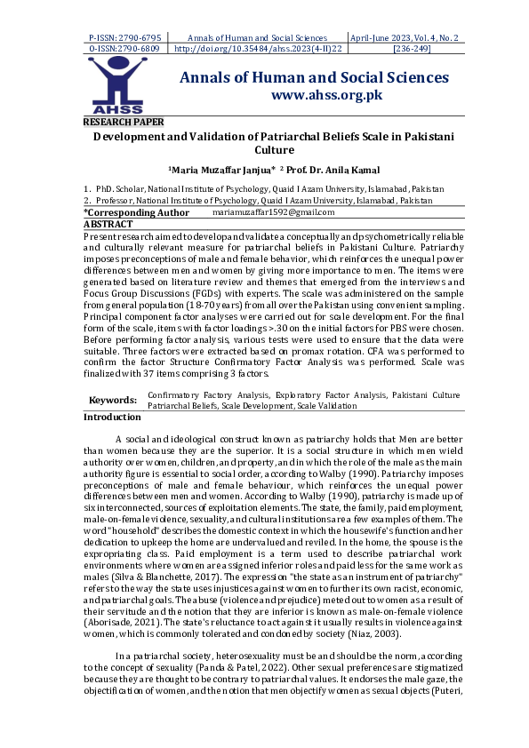 (PDF) Development and Validation of Patriarchal Beliefs Scale in ...