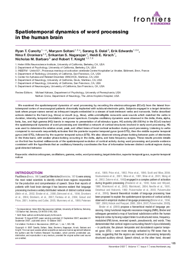 (PDF) Spatiotemporal dynamics of word processing in the human brain