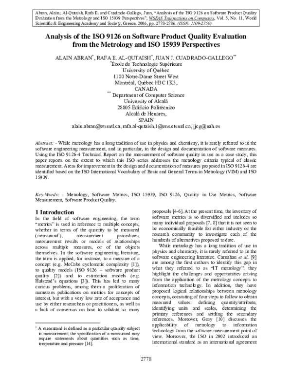 (PDF) Analysis of the ISO 9126 on software product quality evaluation ...