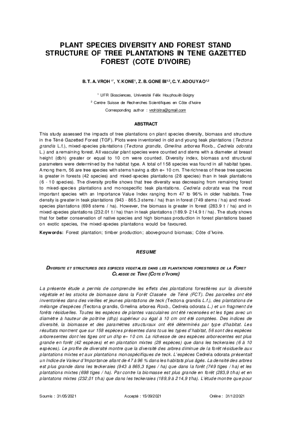 (PDF) PLANT SPECIES DIVERSITY AND FOREST STAND STRUCTURE OF TREE ...