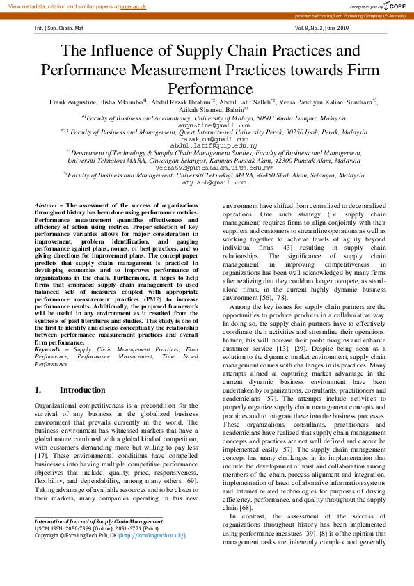 (PDF) The Influence of Supply Chain Practices and Performance ...