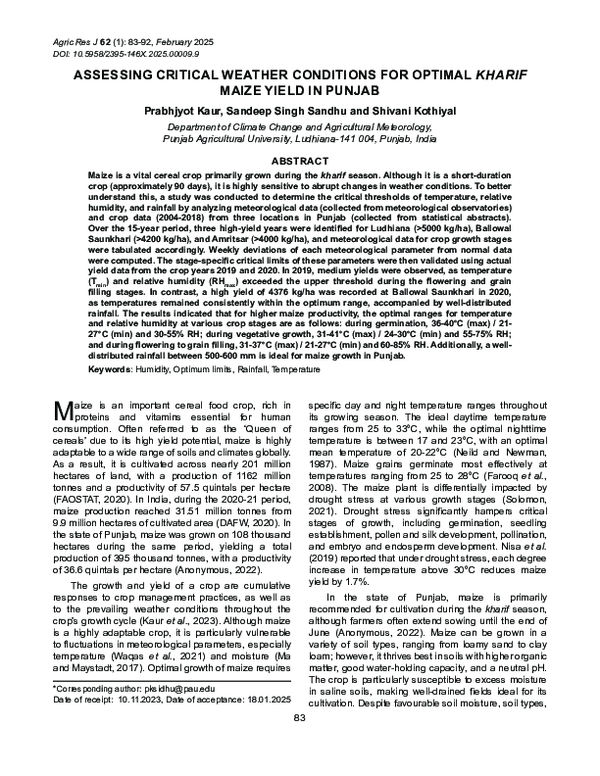 (PDF) ASSESSING CRITICAL WEATHER CONDITIONS FOR OPTIMAL KHARIF MAIZE ...