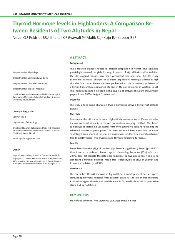 (PDF) Thyroid Hormone levels in Highlanders- A Comparison Between ...