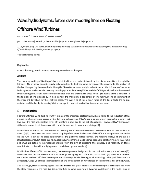 (PDF) Wave hydrodynamic forces over mooring lines on floating offshore ...