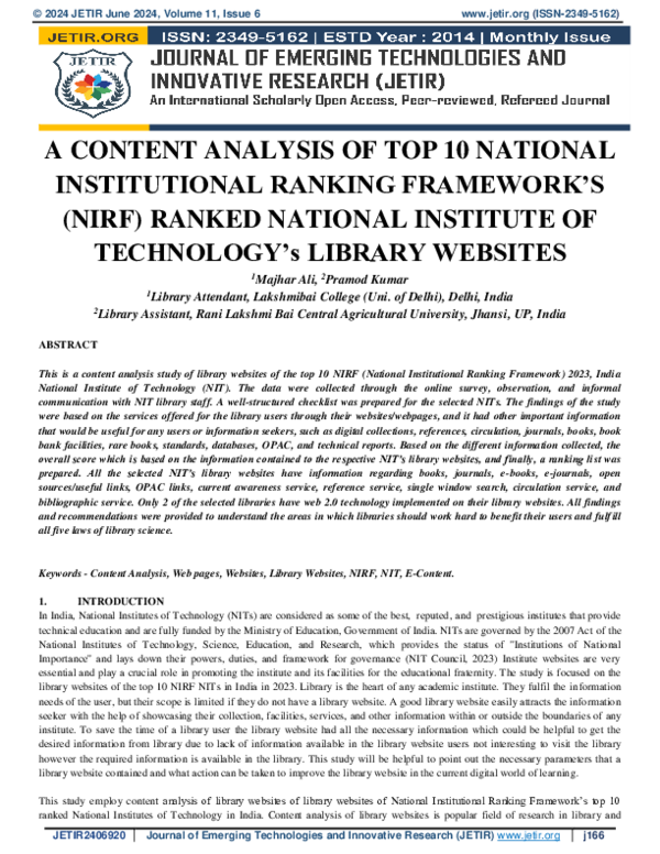 (PDF) A CONTENT ANALYSIS OF TOP 10 NATIONAL INSTITUTIONAL RANKING ...
