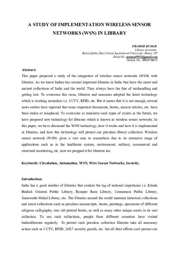 (PDF) A STUDY OF IMPLEMENTATION WIRELESS SENSOR NETWORKS (WSN) IN LIBRARY