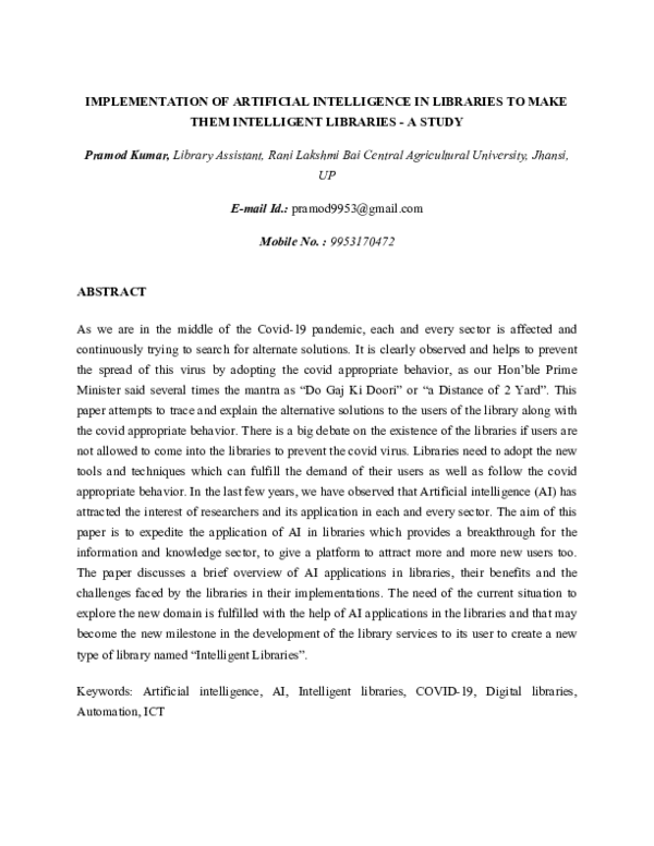 (PDF) IMPLEMENTATION OF ARTIFICIAL INTELLIGENCE IN LIBRARIES TO MAKE ...