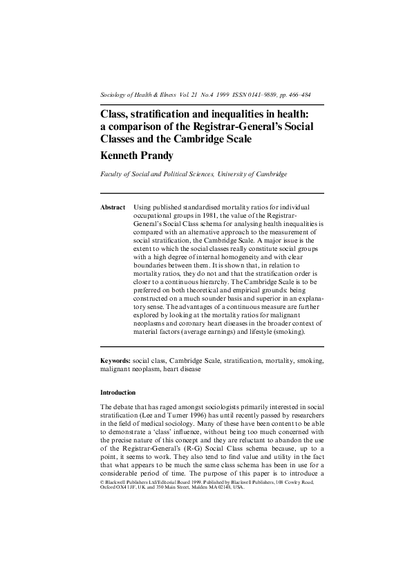 (PDF) Class, stratification and inequalities in health: a comparison of ...