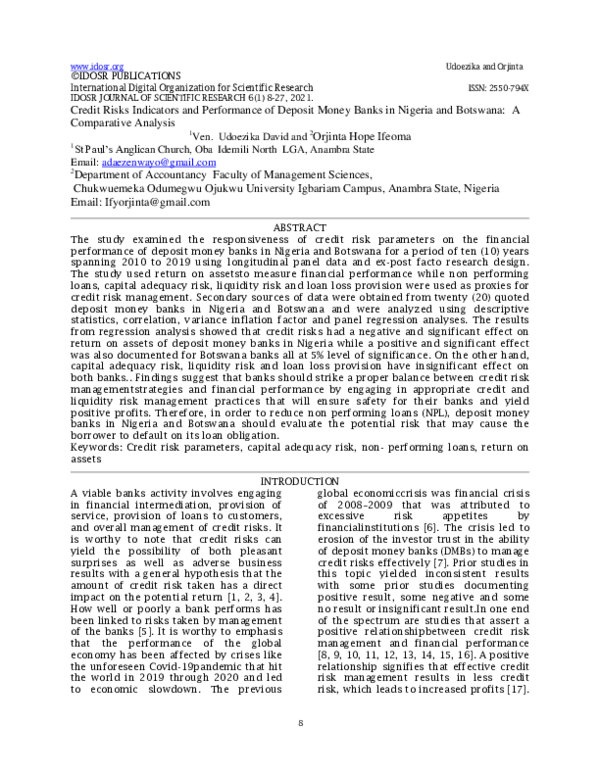 (PDF) Credit Risks Indicators and Performance of Deposit Money Banks in ...