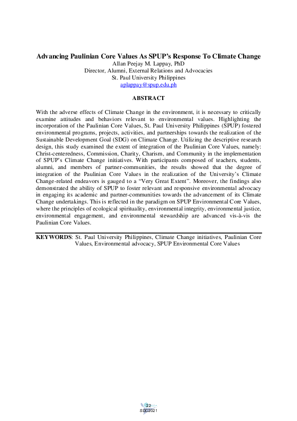 (PDF) Advancing Paulinian Core Values as SPUP’s Response to Climate Change