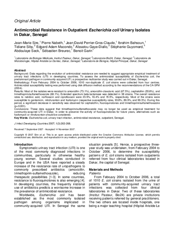 (PDF) Antimicrobial Resistance in Outpatient Escherichia coli Urinary ...