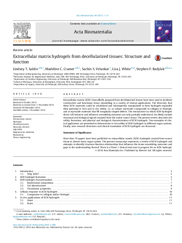 (PDF) Extracellular matrix hydrogels from decellularized tissues ...