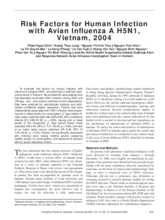 (PDF) Risk Factors for Human Infection with Avian Influenza A H5N1 ...