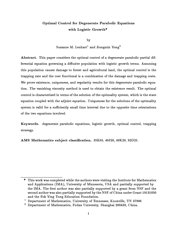 (PDF) Optimal control for degenerate parabolic equations with logistic ...