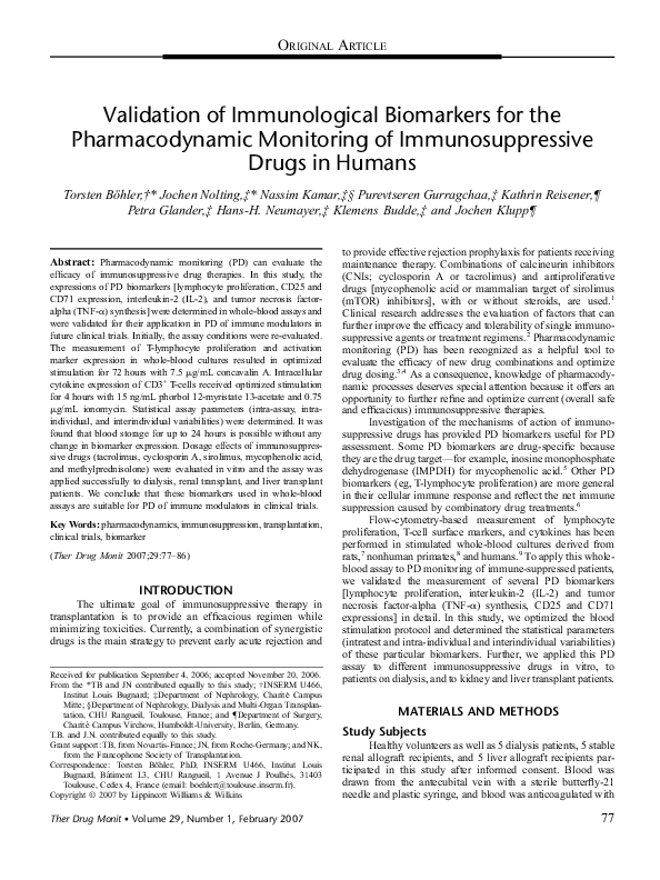 (PDF) Validation of Immunological Biomarkers for the Pharmacodynamic ...