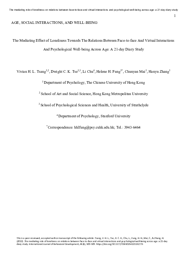 (PDF) The mediating role of loneliness on relations between face-to ...