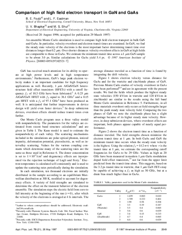 (PDF) Comparison of high field electron transport in GaN and GaAs