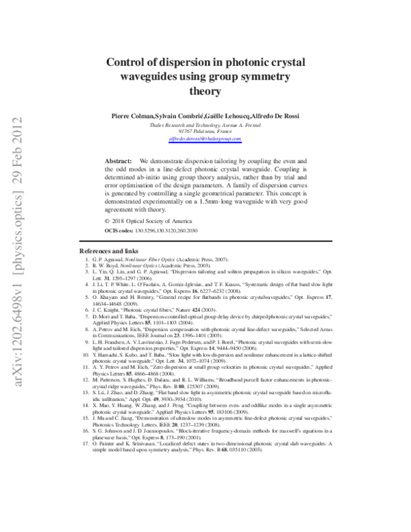 (PDF) Control of dispersion in photonic crystal waveguides using group ...