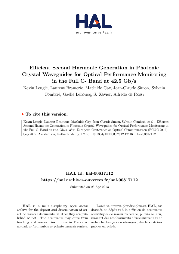 (PDF) Efficient Second Harmonic Generation in Photonic Crystal ...
