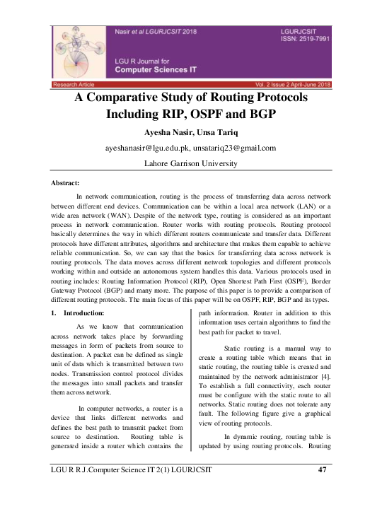 (PDF) A Comparative Study of Routing Protocols Including RIP, OSPF and BGP