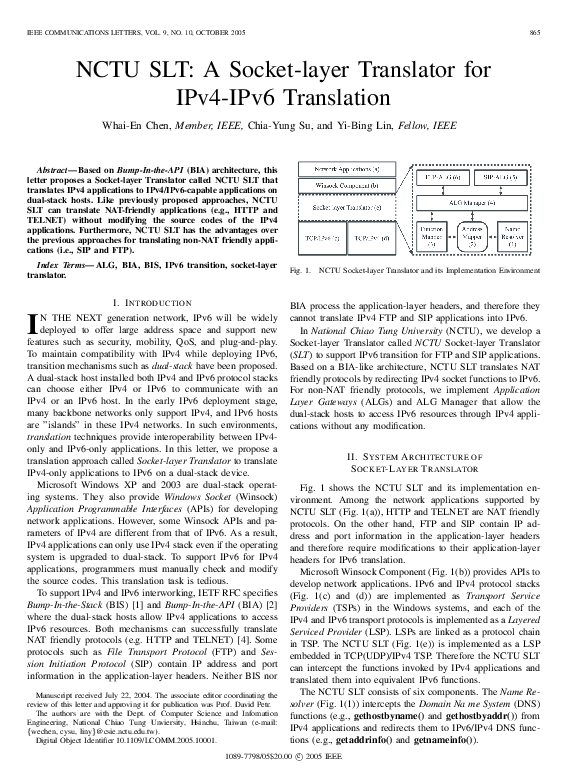 (PDF) NCTU SLT: a socket-layer translator for IPv4-IPv6 translation