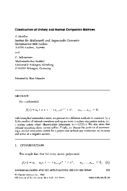 (PDF) Construction of unitary and normal companion matrices