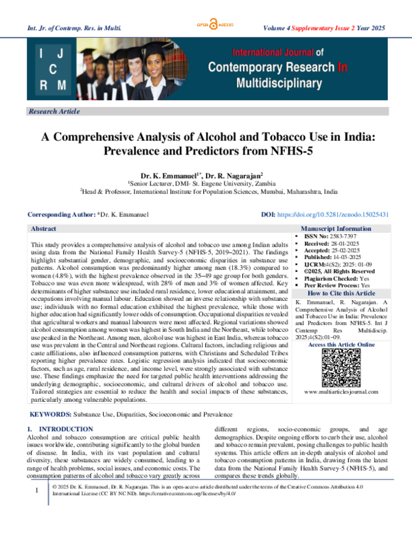 (PDF) A Comprehensive Analysis of Alcohol and Tobacco Use in India ...