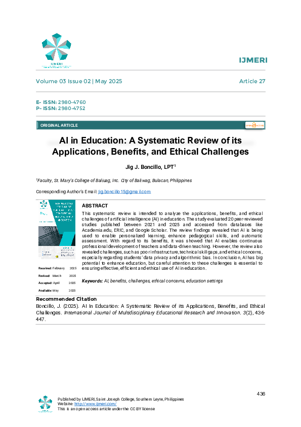 (PDF) AI in Education: A Systematic Review of its Applications ...