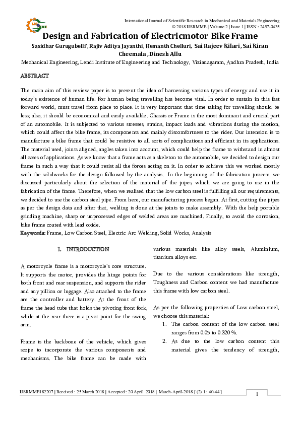 (PDF) Design and Fabrication of Electricmotor Bike Frame