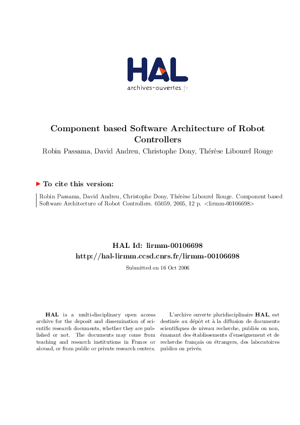 (PDF) Component based Software Architecture of Robot Controllers