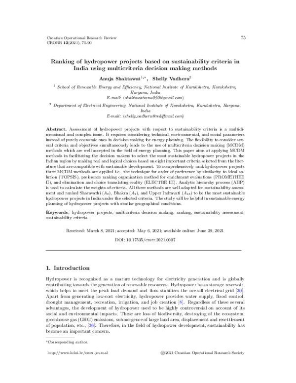(PDF) Ranking of hydropower projects based on sustainability criteria ...