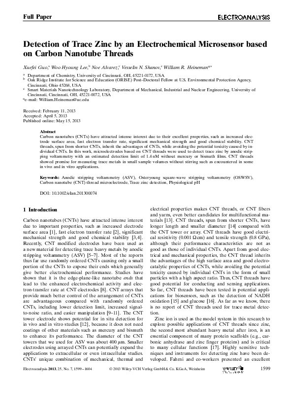 (PDF) Detection of Trace Zinc by an Electrochemical Microsensor based ...
