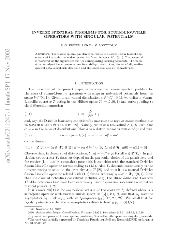 (PDF) Inverse spectral problems for Sturm Liouville operators with ...