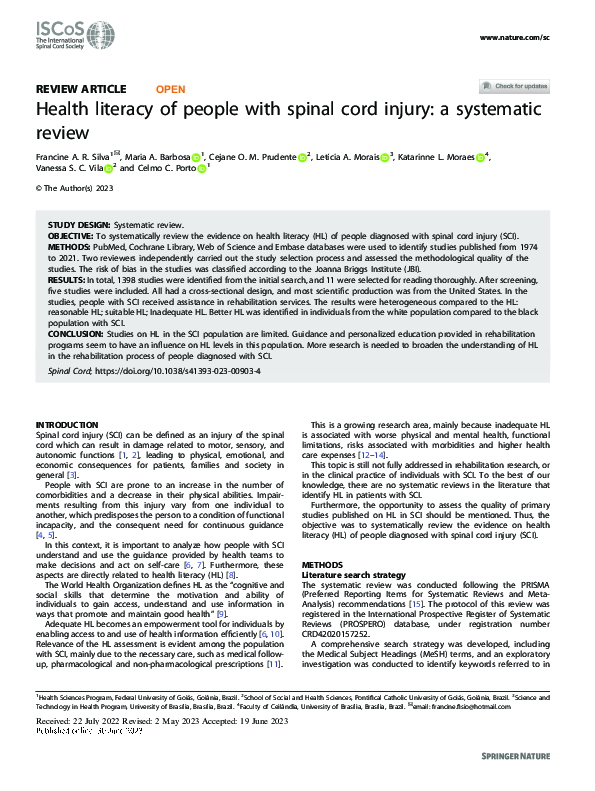 (PDF) Health literacy of people with spinal cord injury: a systematic ...