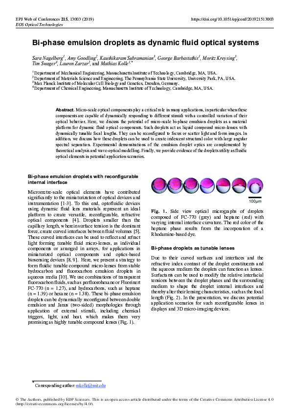 (PDF) Bi-phase emulsion droplets as dynamic fluid optical systems