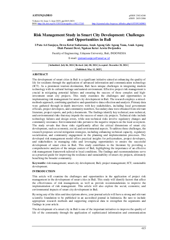 (PDF) Risk Management Study in Smart City Development: Challenges and ...