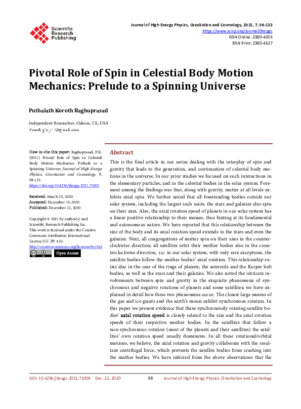 (PDF) Pivotal Role of Spin in Celestial Body Motion Mechanics: Prelude ...