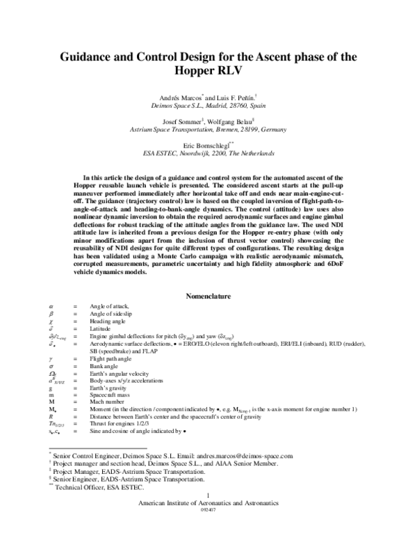 (PDF) Guidance and Control Design for the Ascent Phase of the Hopper RLV