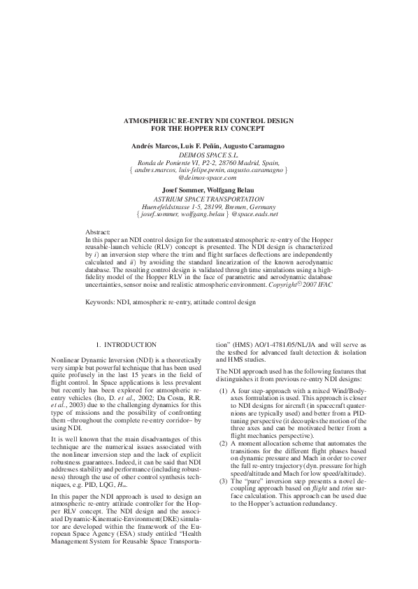 (PDF) Atmospheric Re-Entry Ndi Control Design for the Hopper RLV Concept