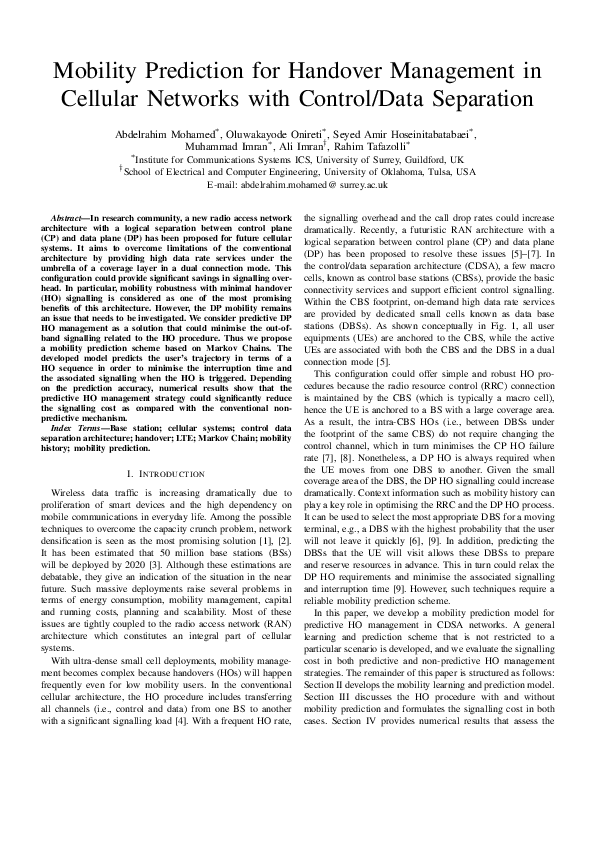 (PDF) Mobility prediction for handover management in cellular networks ...