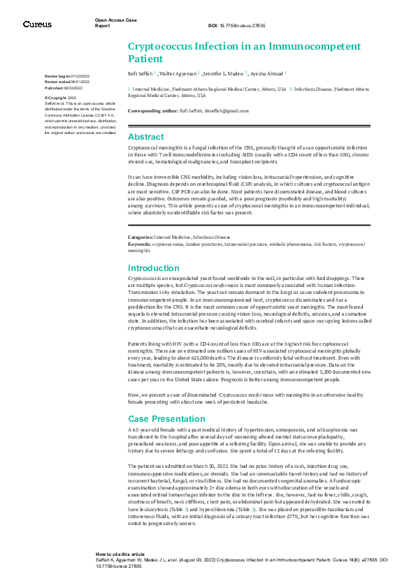 (PDF) Cryptococcus Infection in an Immunocompetent Patient