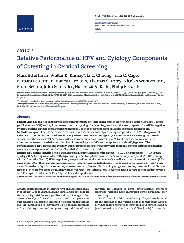 (PDF) Relative Performance of HPV and Cytology Components of Cotesting ...