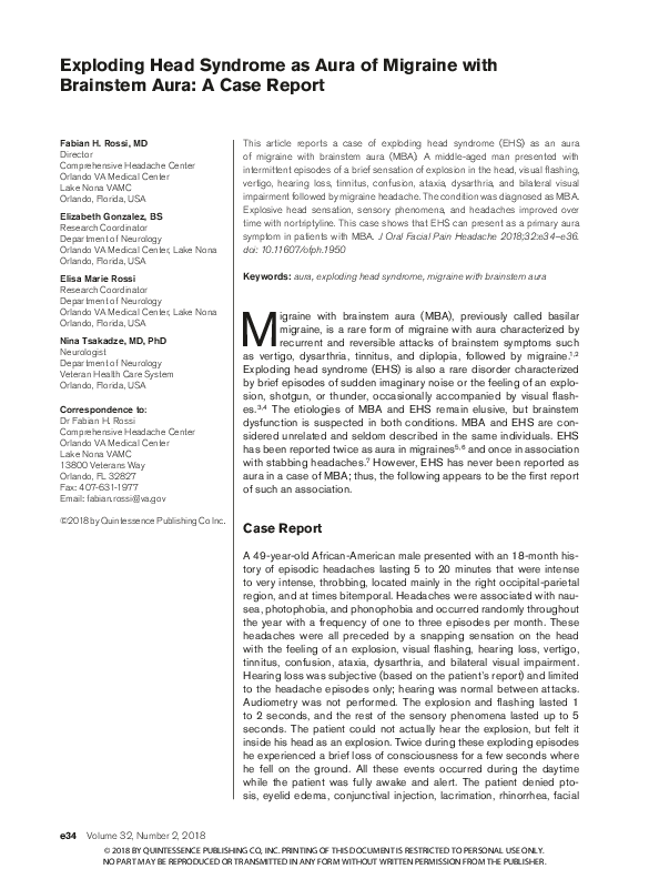 (PDF) Exploding Head Syndrome as Aura of Migraine with Brainstem Aura ...