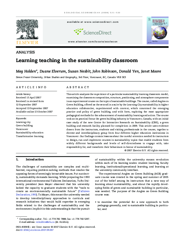 (PDF) Learning teaching in the sustainability classroom