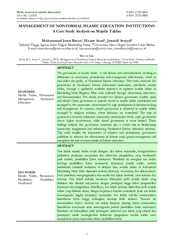 (PDF) MANAGEMENT OF NONFORMAL ISLAMIC EDUCATION INSTITUTIONS: A Case ...